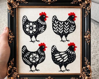 Patrón de punto de cruz de pollo floral en PDF, gráfico de bordado contado, diseño de gallina popular