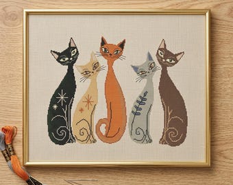 Boho Cat Cross Stitch Pattern PDF Five Cats Counted DMC Digital Chart
