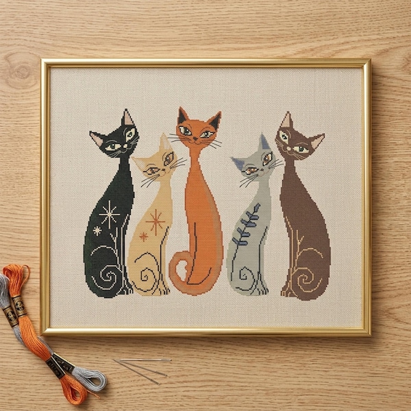 Boho kat kruissteekpatroon PDF Five Cats Counted Digitale DMC-kaart