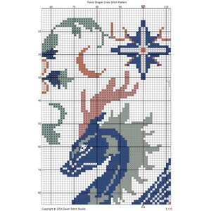 May include: A cross stitch pattern titled Floral Dragon Cross Stitch Pattern featuring a grid layout with a blue dragon head, a crescent moon, a star, and floral elements in shades of blue, green, and dusty pink, with copyright text at the bottom.