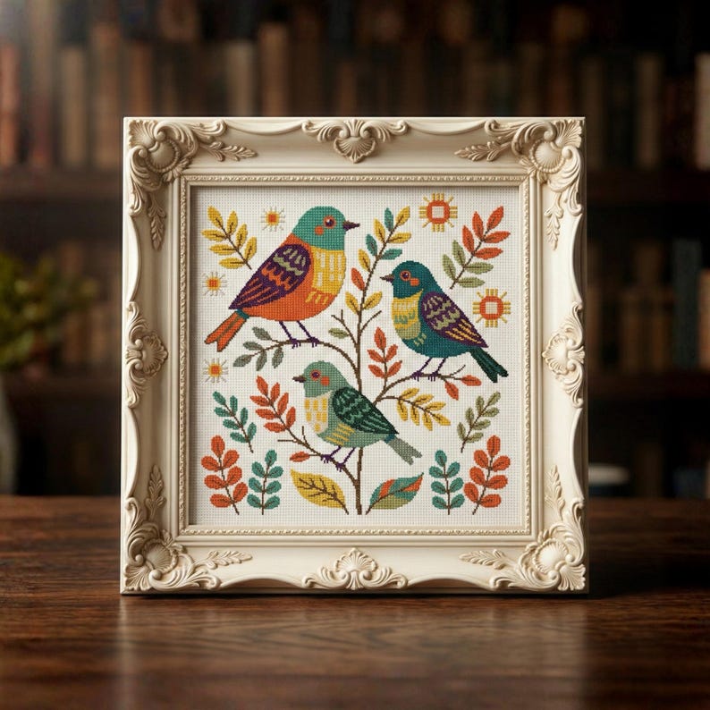 Birds Folk Art Cross Stitch Pattern PDF Digital Embroidery Chart