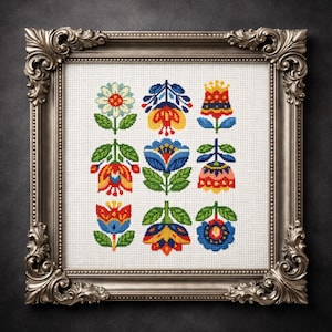Folk Floral Cross Stitch Pattern PDF Modern Folk Art Design