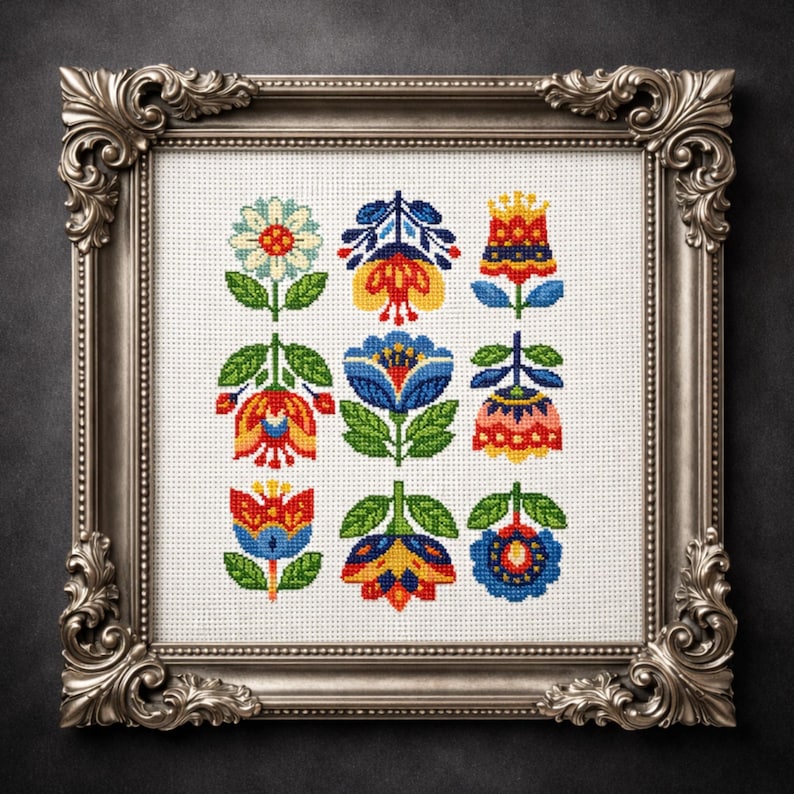 Folk Floral Cross Stitch Pattern PDF Modern Folk Art Design