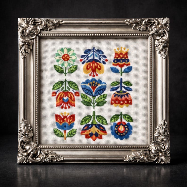 Folk Floral Cross Stitch Pattern PDF Modern Folk Art Design