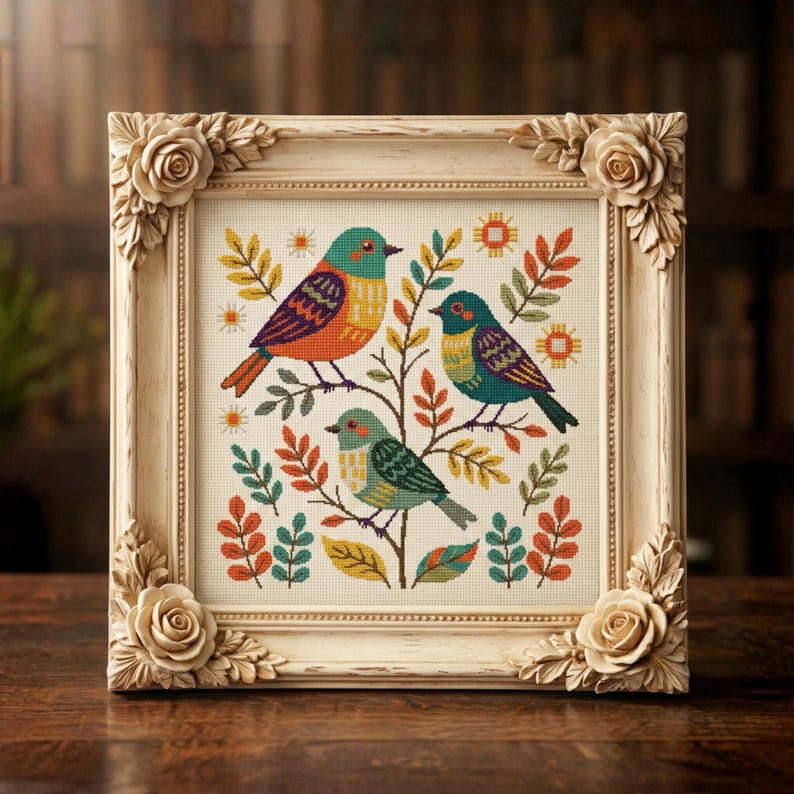 Birds Folk Art Cross Stitch Pattern PDF Digital Embroidery Chart