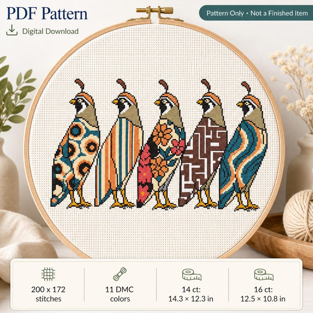 Quail Patchwork Modern Quail Cross Stitch Pattern PDF Counted Geometric Folk Art Bird ...