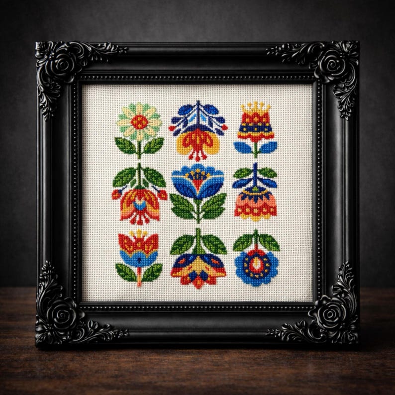 Folk Floral Cross Stitch Pattern PDF Modern Folk Art Design