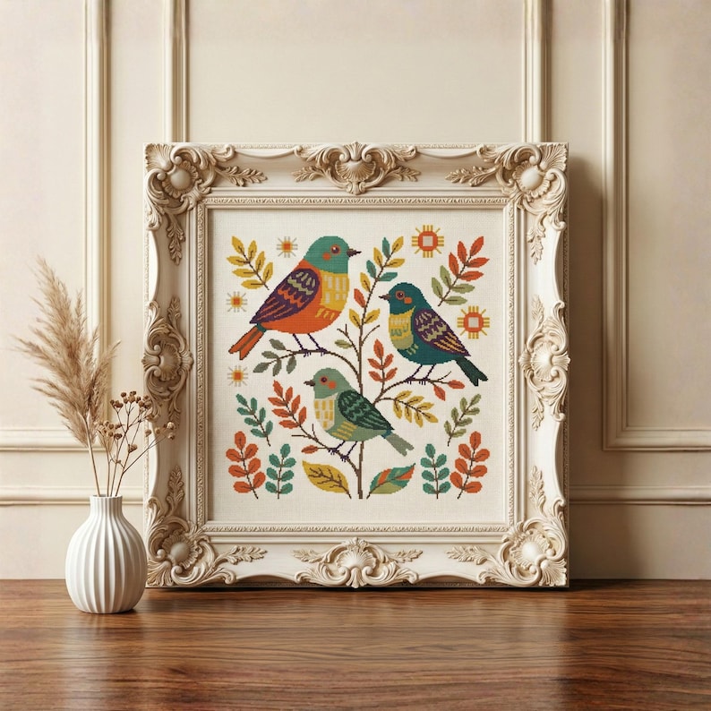 Birds Folk Art Cross Stitch Pattern PDF Digital Embroidery Chart