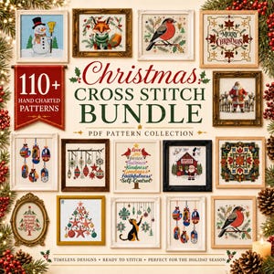 Peut inclure: Une collection numérique de plus de 110 modèles de point de croix de Noël présentant divers motifs festifs, dont un bonhomme de neige, un renard, des oiseaux, le Père Noël, des décorations et du texte. L'image montre plusieurs exemples encadrés.