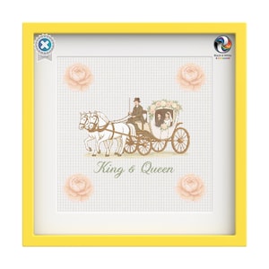 May include: A framed cross-stitch artwork featuring a horse-drawn carriage with a couple inside, and a driver. The artwork is surrounded by four peach-colored rose designs and the words "King & Queen". The frame is yellow.
