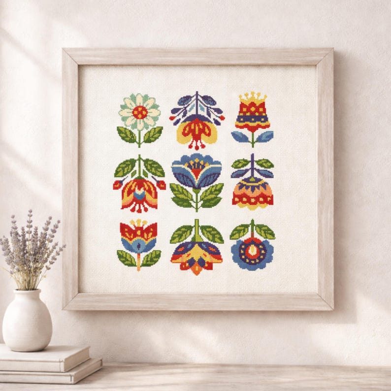 Folk Floral Cross Stitch Pattern PDF Modern Folk Art Design