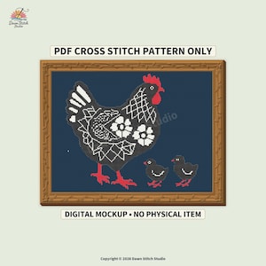 May include: A PDF cross stitch pattern featuring a black hen with white floral and geometric patterns, a red comb, and red feet, accompanied by two small black chicks with red feet on a dark blue background, framed in a brown border.