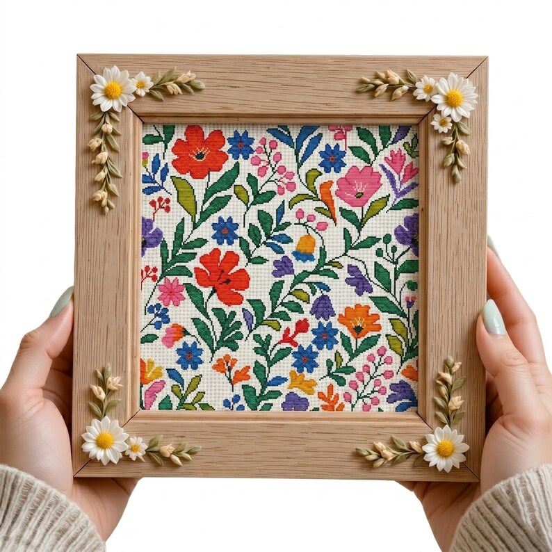 May include: A framed floral cross-stitch with a light wood frame. The cross-stitch features a colorful pattern of red, pink, blue, orange, and purple flowers with green leaves. The frame is decorated with small, white daisy-like flowers and green leaves at each corner.