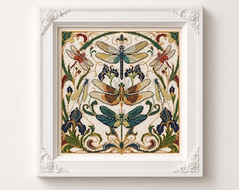 Libelle Kreuzstichmuster PDF Jugendstil Insektenkarte Digitaler Download