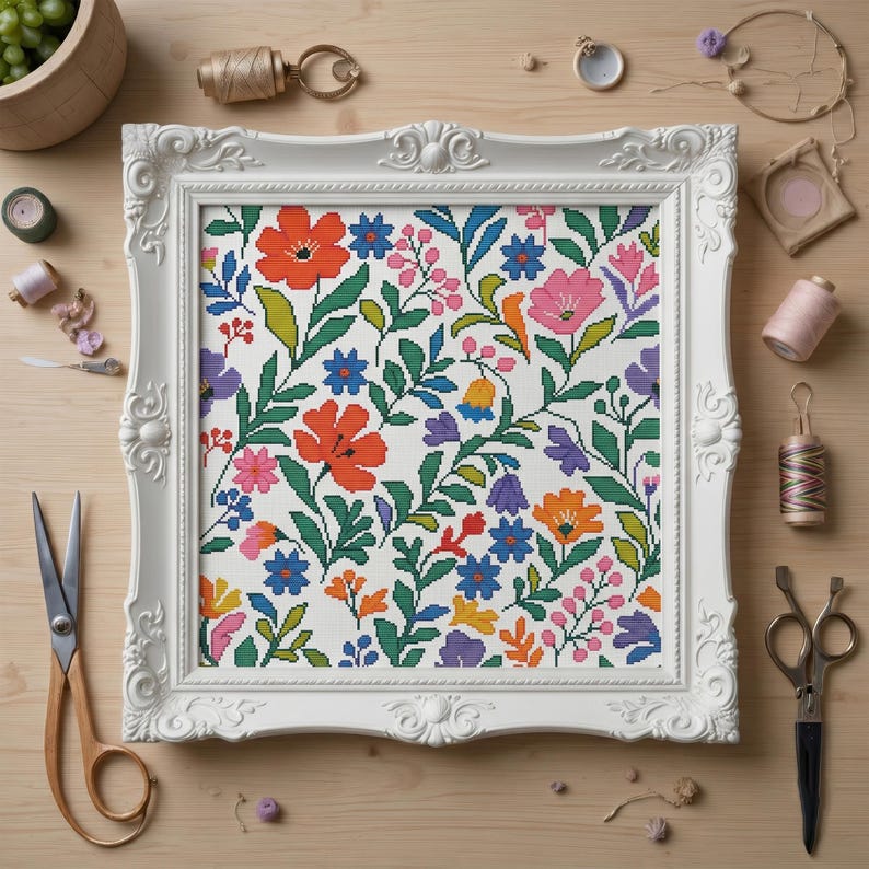 May include: A framed floral cross-stitch design featuring a vibrant array of flowers in shades of red, orange, pink, blue, and purple. The white frame has ornate detailing. The design is surrounded by craft supplies, including scissors and thread.