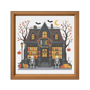 Halloween Bookstore Cross Stitch Spooky Pattern | Haunted Mansion Gothic| Cottagecore Fall Halloween Decor pdf