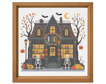 Halloween Bookstore Cross Stitch Spooky Pattern | Haunted Mansion Gothic| Cottagecore Fall Halloween Decor pdf