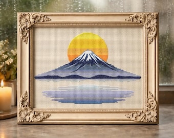 富士山のクロスステッチ図案、日本の風景刺繍デザイン、桜の刺繍図案
