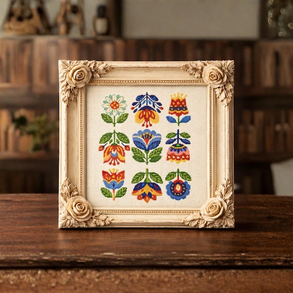 Folk Floral Cross Stitch Pattern PDF Modern Folk Art Design