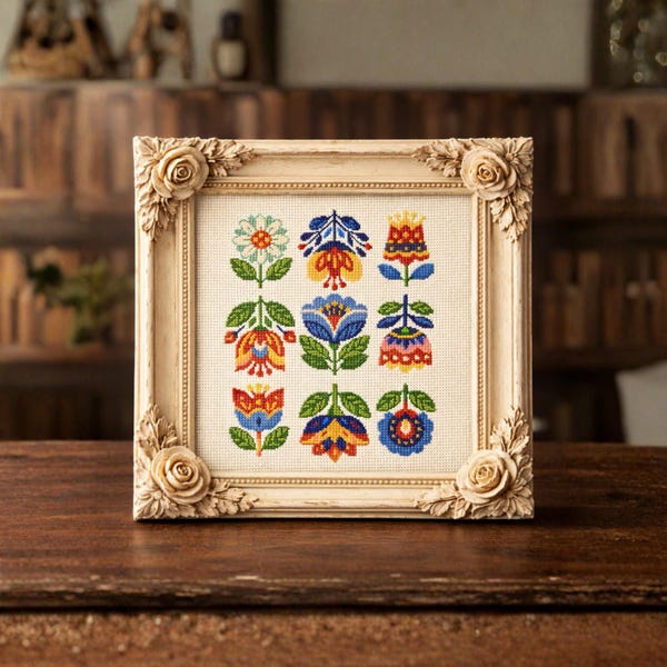 Folk Floral Cross Stitch Pattern PDF Modern Folk Art Design