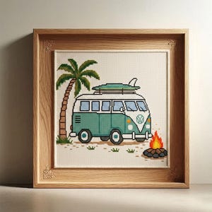 Husbil Korsstygnsmönster PDF Räknat Diagram Retro Strandcamping Scen
