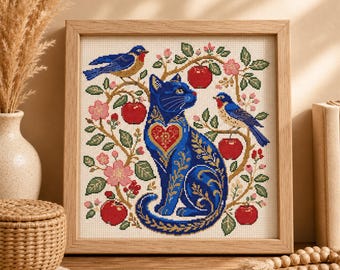 Chat bleu, motif point de croix PDF, oiseau, motif floral