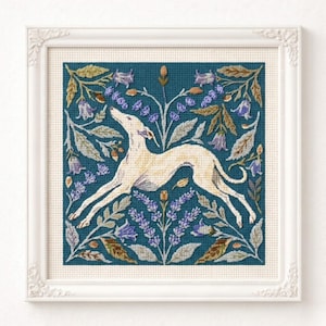 Greyhound Dog Cross Stitch Pattern PDF – Counted Floral Botanical Chart