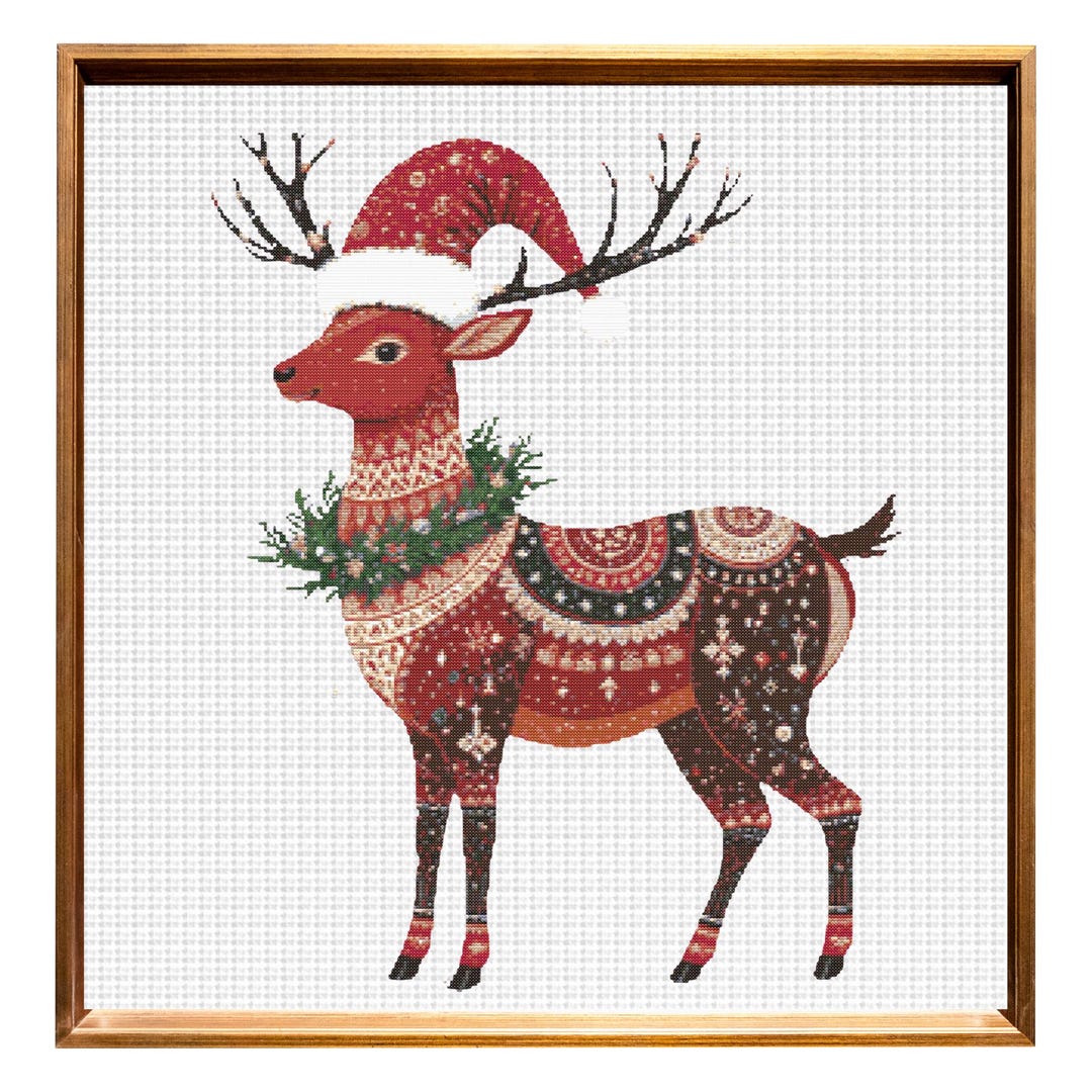 Christmas Reindeer Cross Stitch Pattern: Santa Hat & Wreath (PDF) - Etsy