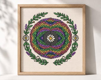 Mandala floral point de croix motif PDF, tableau de broderie fleurs comptées, téléchargement numérique immédiat