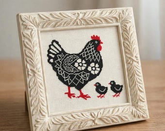 Patrón de punto de cruz de gallina y pollitos en PDF, diseño de gallina de arte popular.