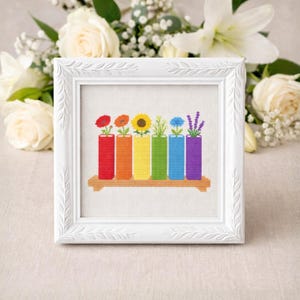 Kreuzstich Anleitung PDF Regenbogen Blumen Töpfe Bunt Frühling Art
