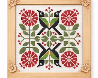 Point de croix scandinave PDF Folk oiseau fleur Grille comptée nordique motif Aida