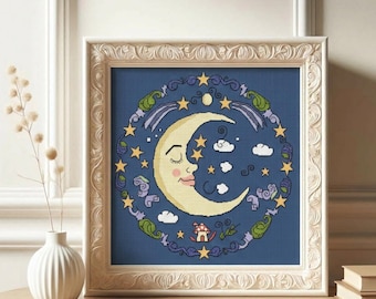 Moon Cross Stitch Pattern PDF Witchy Celestial Night Sky Chart