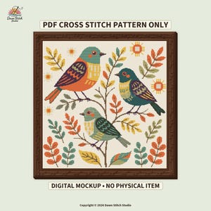 May include: A PDF cross stitch pattern featuring three birds perched on branches with autumn-coloured leaves. The design includes geometric sun motifs and the text PDF CROSS STITCH PATTERN ONLY and DIGITAL MOCKUP NO PHYSICAL ITEM.
