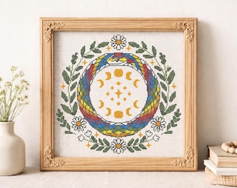 Modèle PDF arc-en-ciel ouroboros de point de croix — Tableau floral serpent céleste