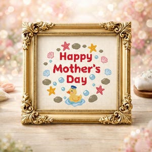 Happy Mother’s Day Cross-Stitch Pattern PDF Nautical Sea Shell Duck Design
