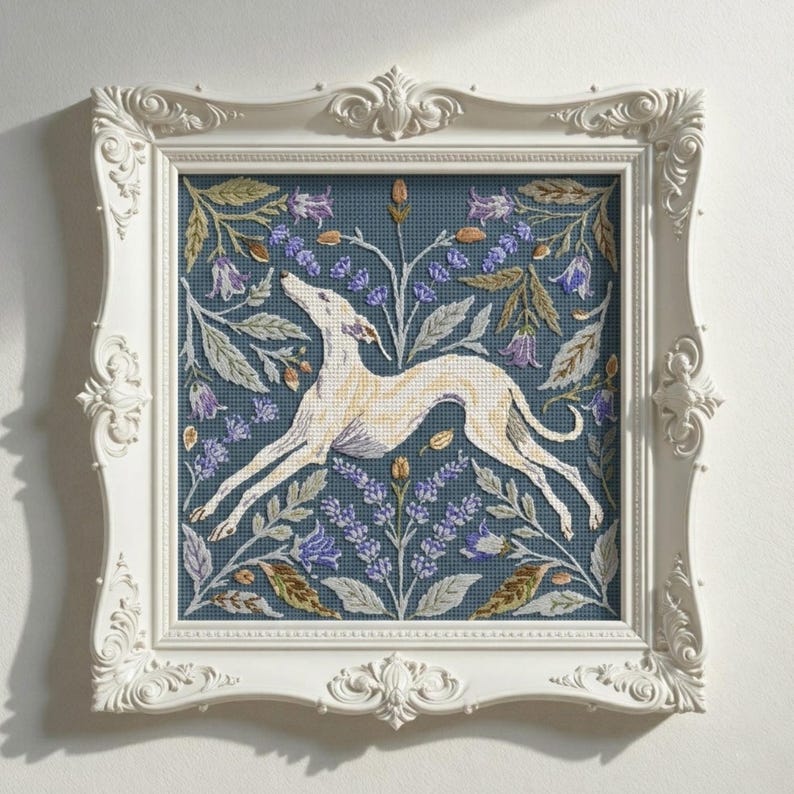 Greyhound Dog Cross Stitch Pattern PDF – Counted Floral Botanical Chart