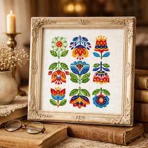Folk Floral Cross Stitch Pattern PDF Modern Folk Art Design