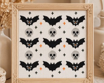 Modèle de point de croix chauves-souris et têtes de mort PDF Motif d'Halloween