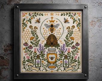 Abeille au point de croix, modèle PDF, ruche comptée, échantillon, pot de miel, téléchargement numérique