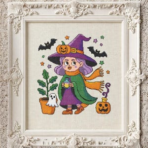Halloween Witch Cross Stitch Pattern PDF Ghost Fall Decor Digital Chart Pumpkins