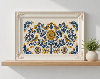 Scandinavian Folk Art Counted Cross Stitch PDF Bird Floral Chart