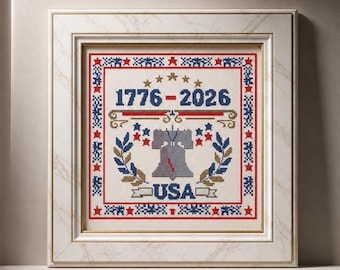 États-Unis, 1776, 2026, modèle de point de croix PDF, clochette patriotique d'anniversaire de la liberté