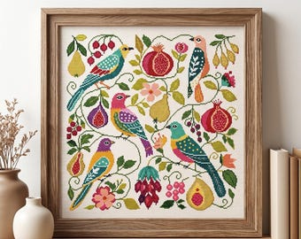 Patrón floral botánico colorido en PDF con diseño de pájaros de arte popular para punto de cruz.
