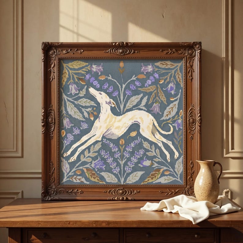 Greyhound Dog Cross Stitch Pattern PDF – Counted Floral Botanical Chart