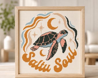 Tortue de mer, motif point de croix PDF, tableau compté, broderie océan, motif côtier céleste