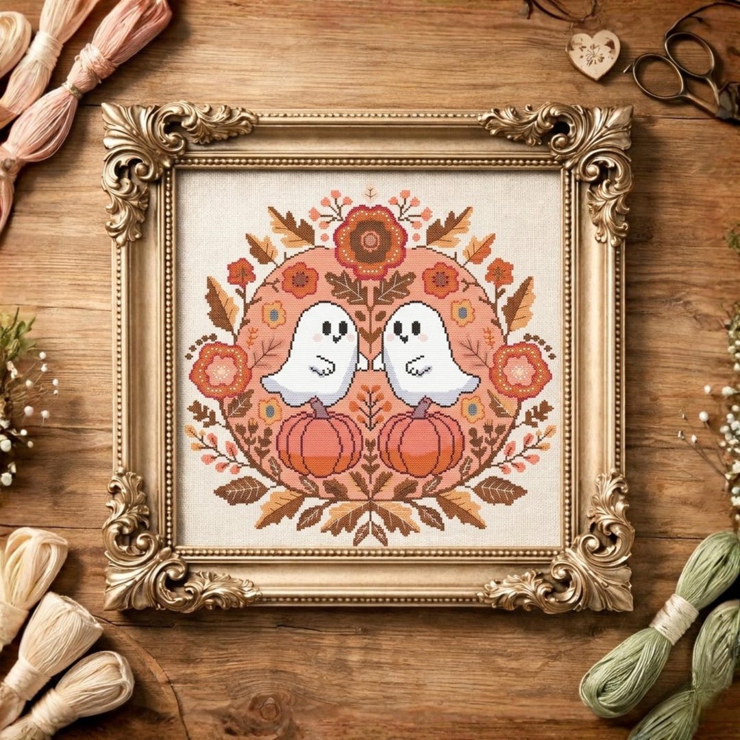 Ghost Pumpkin Cross Stitch Pattern PDF Halloween Floral Embroidery ...