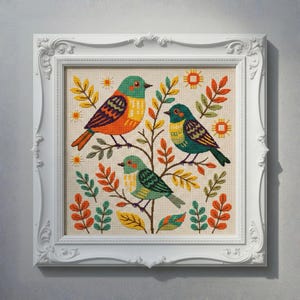 Birds Folk Art Cross Stitch Pattern PDF Digital Embroidery Chart