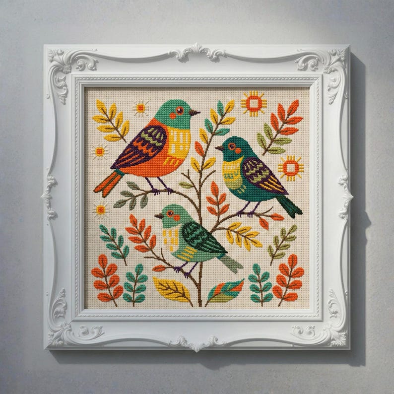 Birds Folk Art Cross Stitch Pattern PDF Digital Embroidery Chart