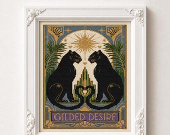 Black Panther, modèle de point de croix PDF, art déco gothique, chat sauvage, motif